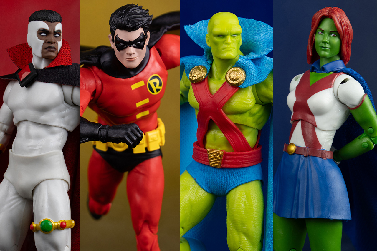Four McFarlane Toys DC Multiverse Page Punchers action figures featuring Bloodwynd, Robin, Martian Manhunter, and Miss Martian side-by-side.