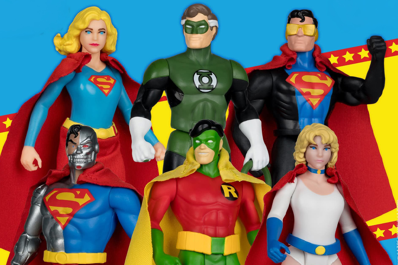 A collection of six McFarlane Toys DC Super Powers 4.5-inch retro action figures including Supergirl, Hal Jordan Green Lantern, Eradicator, Cyborg Superman, Robin, and Power Girl standing against a bright blue and yellow comic-style background.