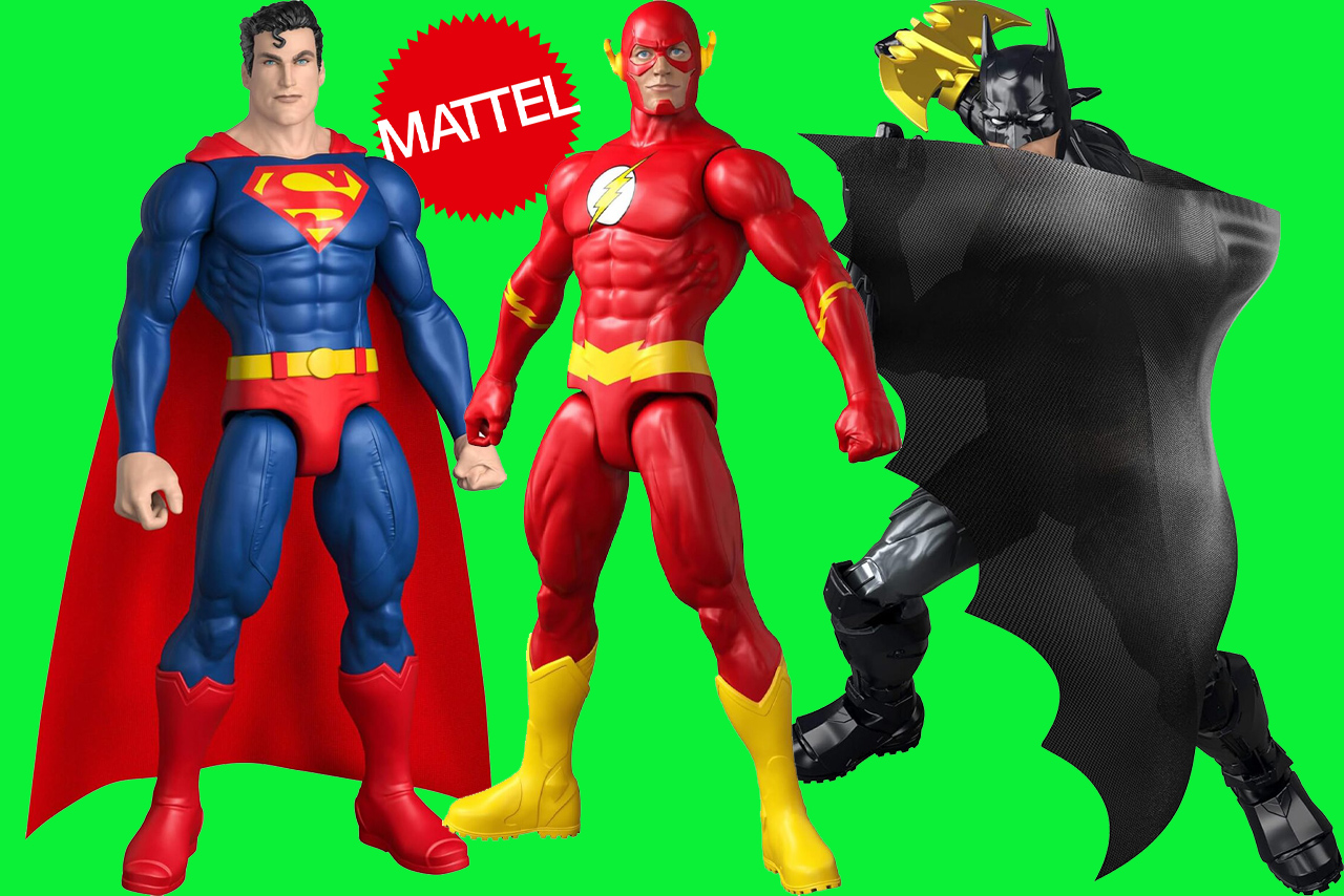 A studio layout on a bright green background showing three upcoming Mattel DC Core 12-inch action figures: Superman in a classic blue and red suit with a fabric cape, The Flash in a sleek red and yellow costume, and Crime Crusher Batman in dark tactical armor wielding a large golden battle axe weapon.