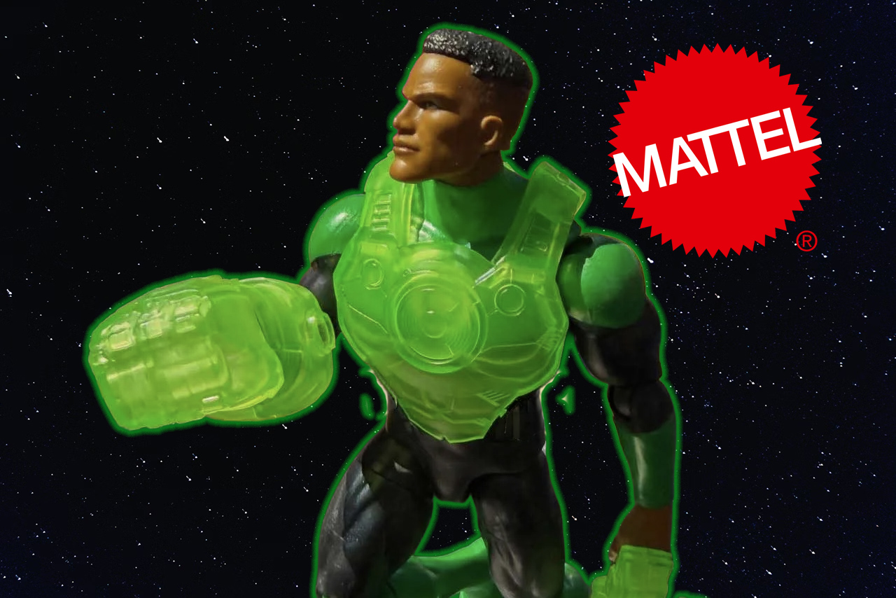 Mattel DC Premier Green Lantern John Stewart action figure wearing translucent green chest armor and a giant fist construct against a starfield background.