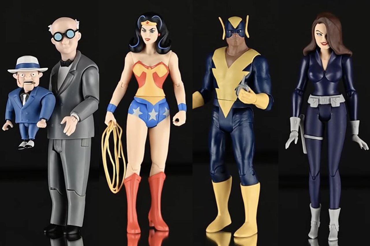 Four McFarlane Toys action figures displayed side-by-side against a black background, featuring The Ventriloquist and Scarface, Wonder Woman, Black Vulcan, and Talia al Ghul.