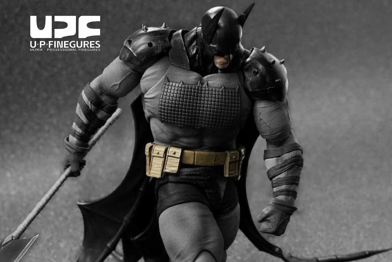 Prototype preview of the LPZZ UP Finegures Absolute Batman figure in 1/12 scale featuring armored shoulder pauldrons and battle-axe weapon.