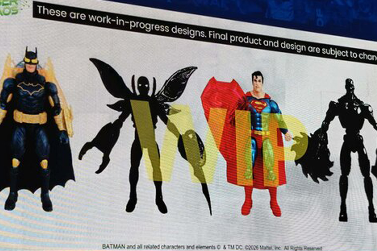 A presentation slide showing prototypes and silhouettes for Mattel's DC Premier Series 4 action figures, featuring Batman, Superman, and two mystery "Cyber Chaos" figures with a "WIP" watermark.