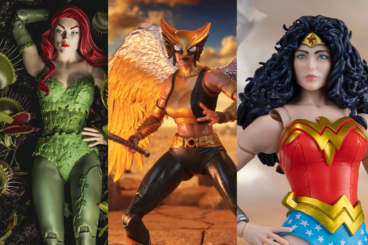 Three promotional promotional close-up shots side-by-side showing the McFarlane Collector Edition Poison Ivy, Hawkgirl, and Wonder Woman action figures.