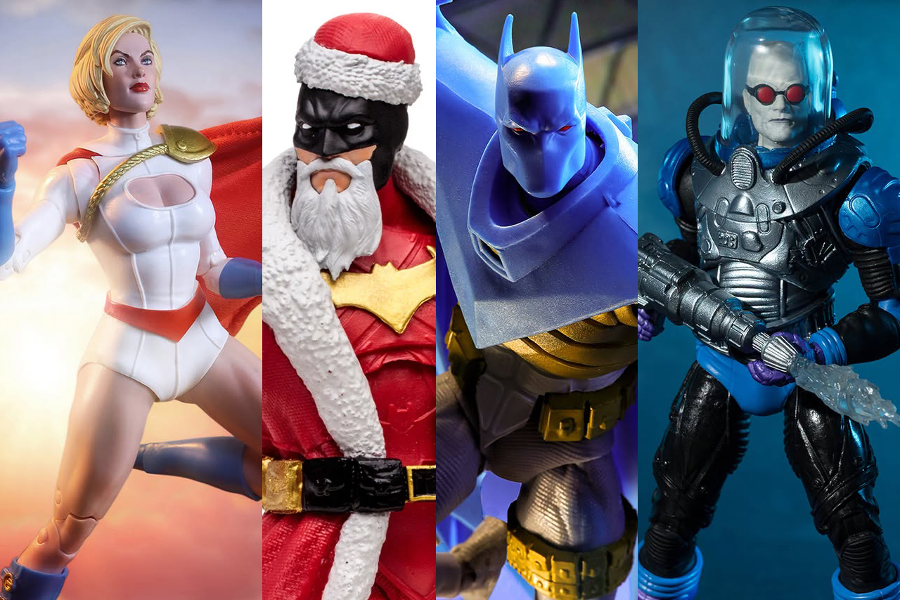 Four upcoming McFarlane Vault Collection action figures shown side-by-side featuring Power Girl, Red Santa Batman, Azrael Batman, and Mr. Freeze.