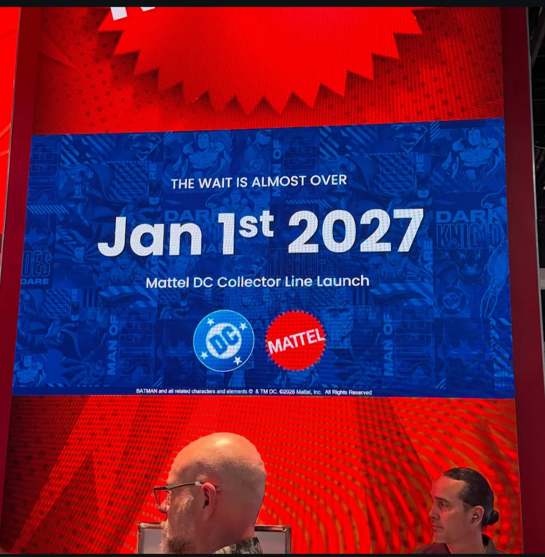 Mattel DC Collector Line launch announcement banner featuring DC Comics blue graphic backdrop, DC and Mattel logos, and January 1 2027 release date.