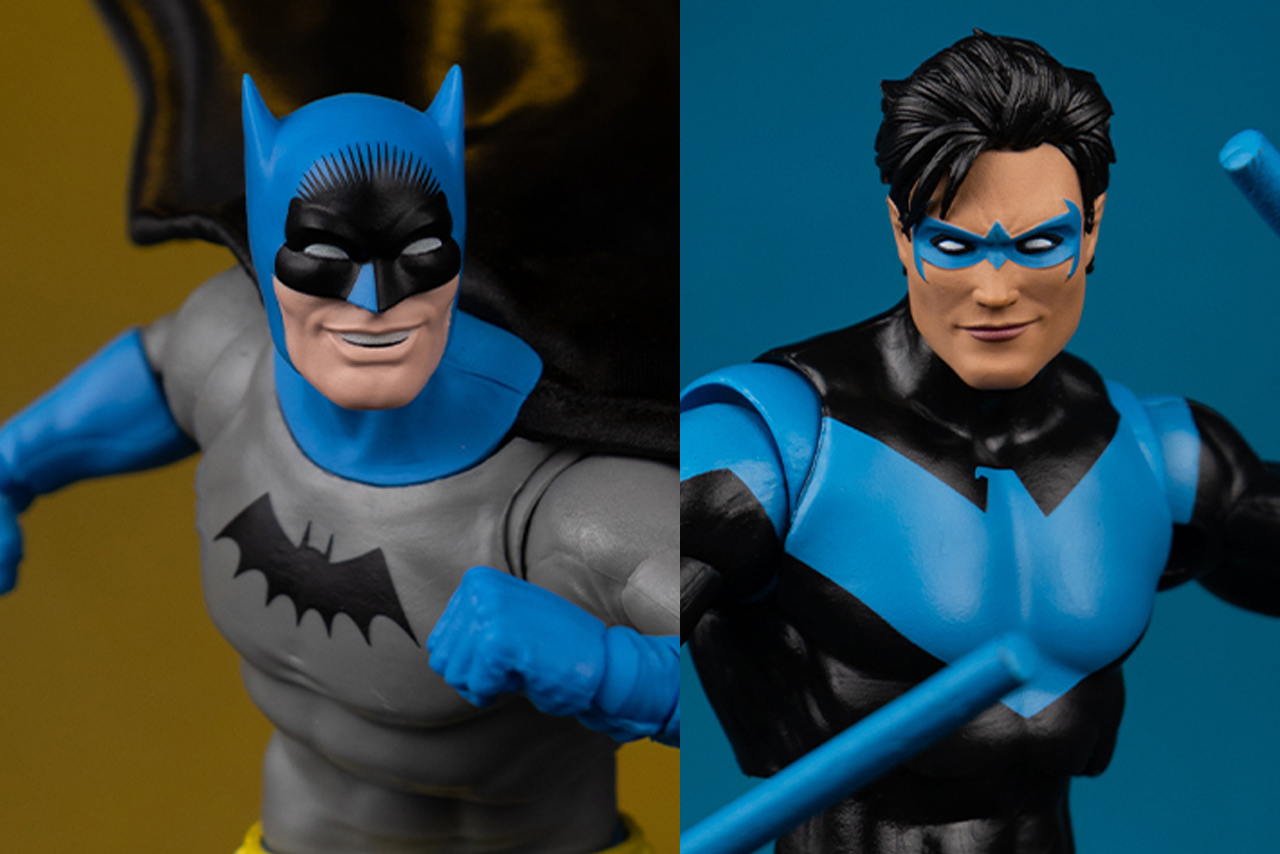 Close up shots of McFarlane Toys Page Punchers classic Batman and modern Nightwing 7-inch action figures