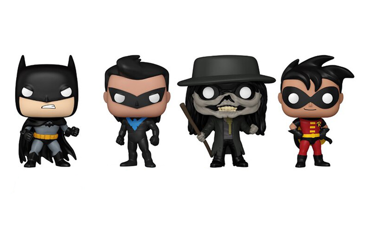Four Funko Pop figures based on The New Batman Adventures lined up against a white background, featuring Batman, Nightwing, Scarecrow, and Robin.