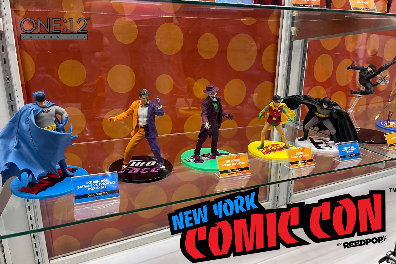Mezco DC One:12 Collective figures on display in showcase at NYCC 2026